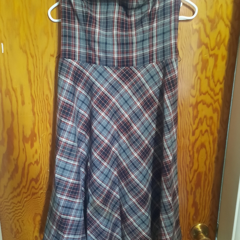 Red and grey strapless plaid dress